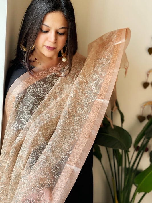 Organza Dupatta with Gold Thread Jaal Embroidery in Dark Peach Color