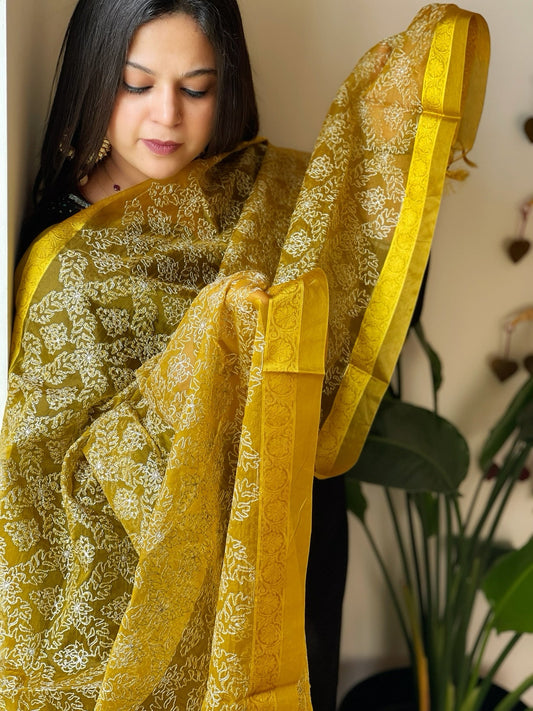 Organza Dupatta with Gold Thread Jaal Embroidery in Haldi Yellow Color