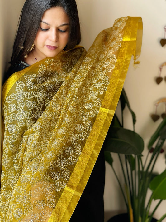 Organza Dupatta with Gold Thread Jaal Embroidery in Haldi Yellow Color