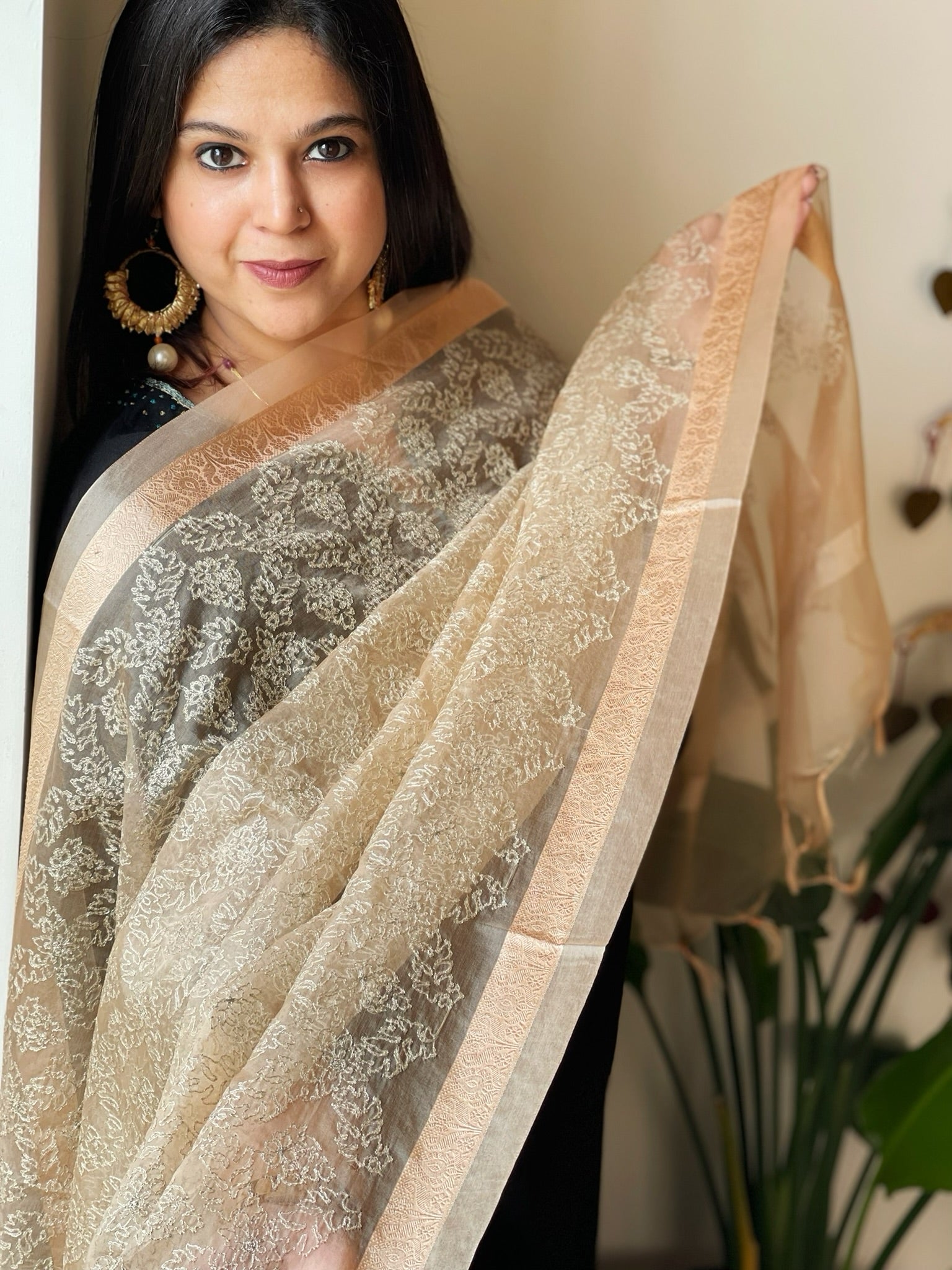 Organza Dupatta with Gold Thread Jaal Embroidery in Lite Peach Color