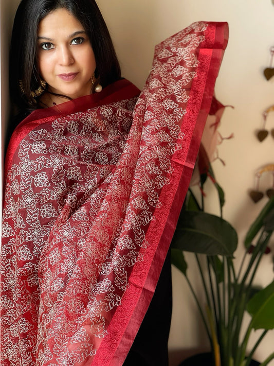 Organza Dupatta with Gold Thread Jaal Embroidery in Maroon Color