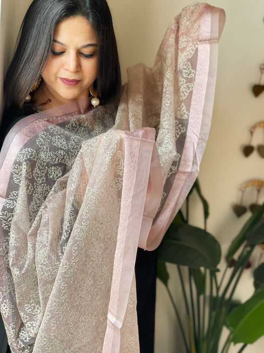 Organza Dupatta with Gold Thread Jaal Embroidery in Pink color