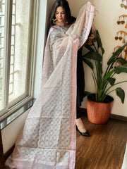 Organza Dupatta with Gold Thread Jaal Embroidery in Pink color