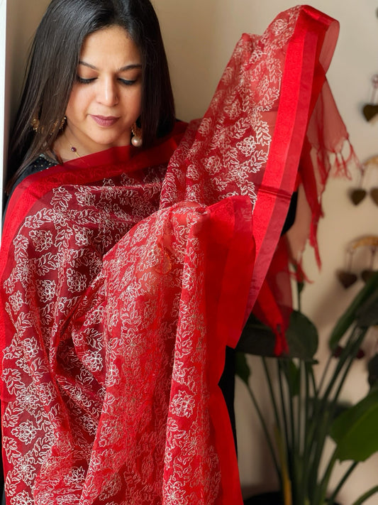 Organza Dupatta with Gold Thread Jaal Embroidery in Red Color