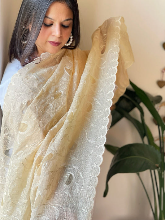 Peach Kota Cotton Dupatta with Thread Embroidery and Cut Work