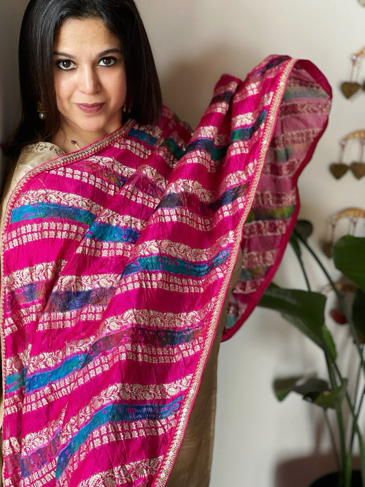 Pink Handwoven Banarasi Dupatta with Multicolor Tie Dye in Pure Crushed Silk