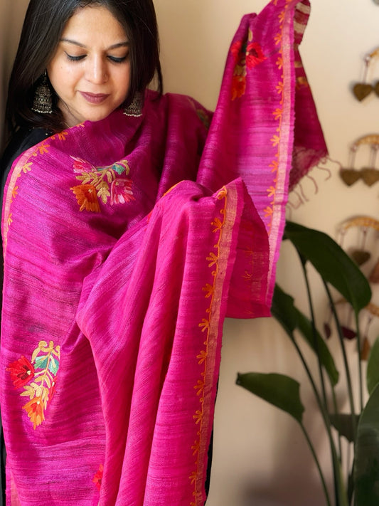Pink Kashmiri Aari Embroidered Dupatta in Geecha Silk