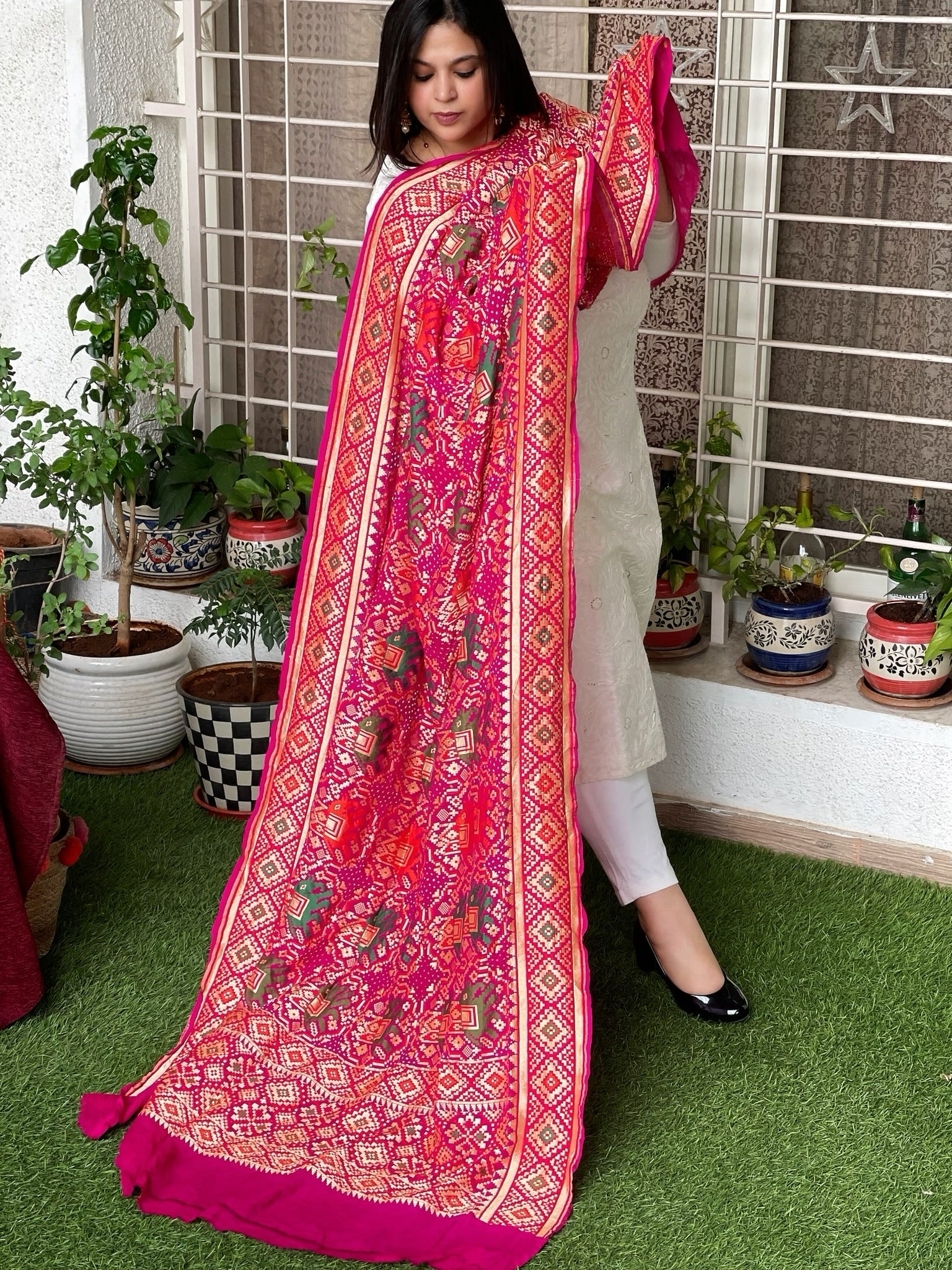 Pink Rai Bandhej Dupatta with Meenakari Jaal design in Pure Georgette
