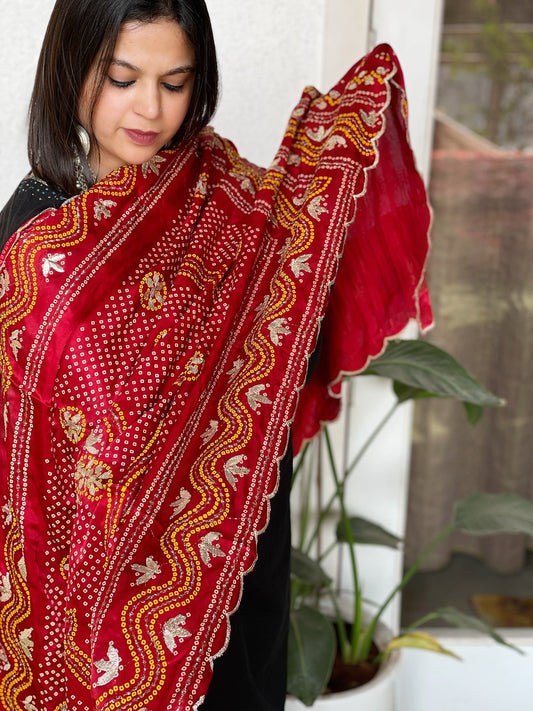 Printed Bandhej with Leather Gotapatti Work