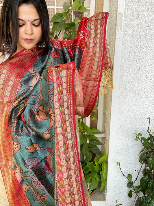 Printed Kalamkari with Patola Pallu Dupatta in Fine Art Silk