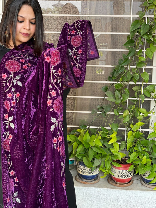Purple Velvet Dupatta with Thread Embroidery
