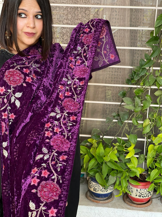 Purple Velvet Dupatta with Thread Embroidery