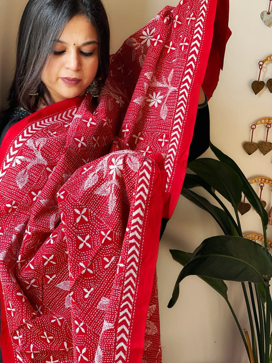 Red Handmade Kantha Dupatta in Pure Cotton
