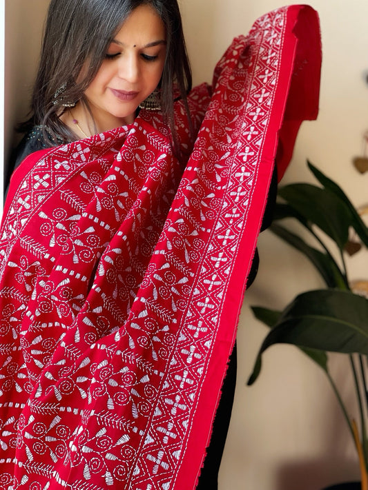 Red Handmade Kantha Dupatta in Pure Cotton