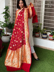 Red Rai Bandhej Dupatta with Meenakari Jaal design in Pure Georgette