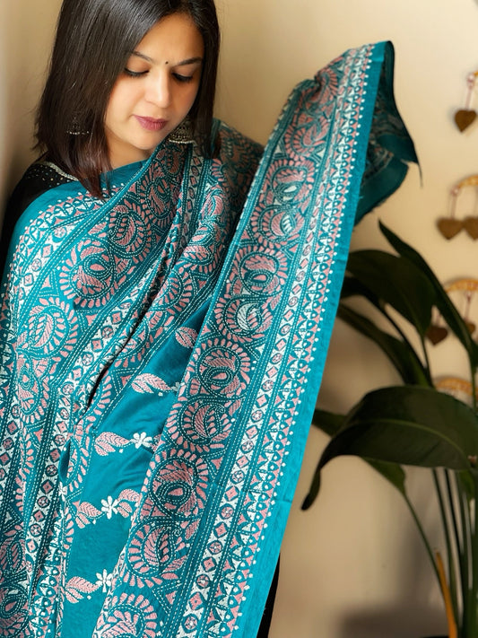 Sky Blue Handmade Nakshi Kantha Dupatta in Pure Silk