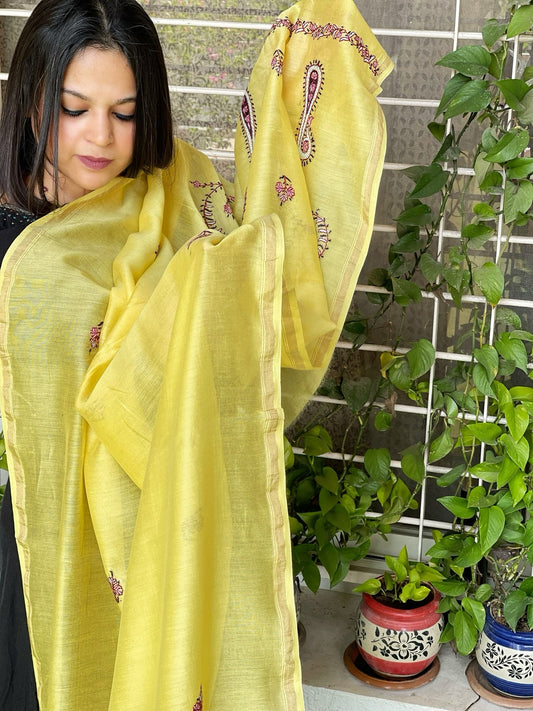 Sozni Hand Embroidery Dupatta in Pure Chanderi Silk