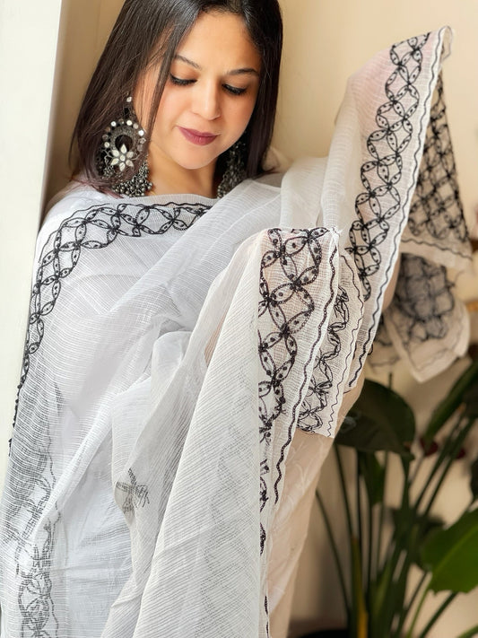 White Kota Cotton Dupatta with Thread Embroidery and Knot Handwork