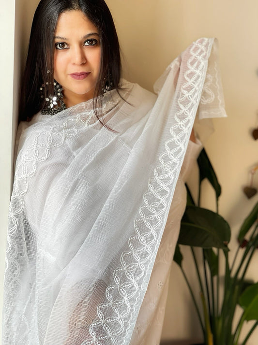 White Kota Cotton Dupatta with Thread Embroidery and Knot Handwork