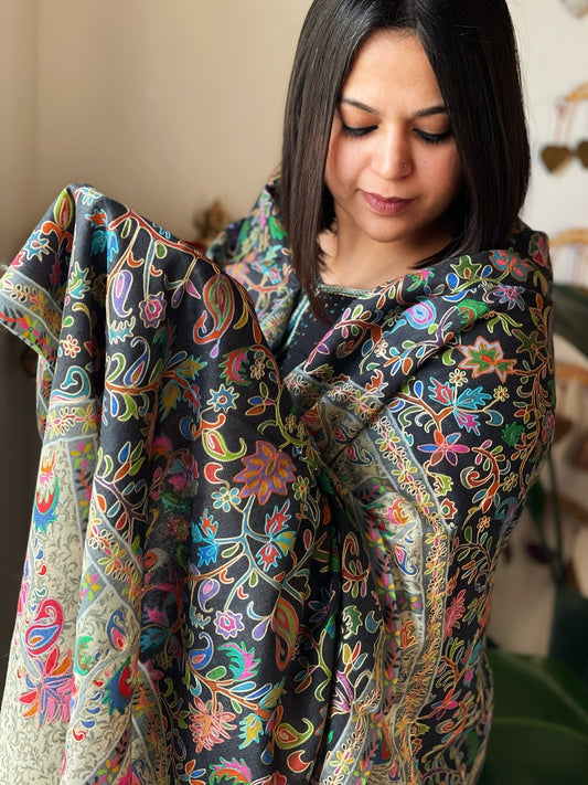 Woven Pashmina Kalamkari Stole with Embroidery