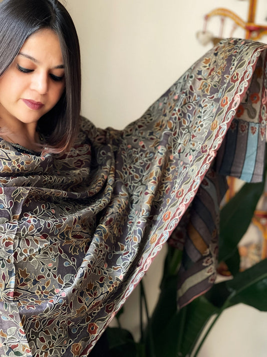 Woven Pashmina Kalamkari Stole with Gold Thread Embroidery