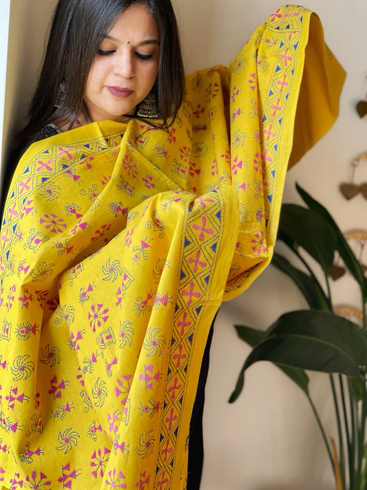 Yellow Handmade Kantha Dupatta in Pure Cotton