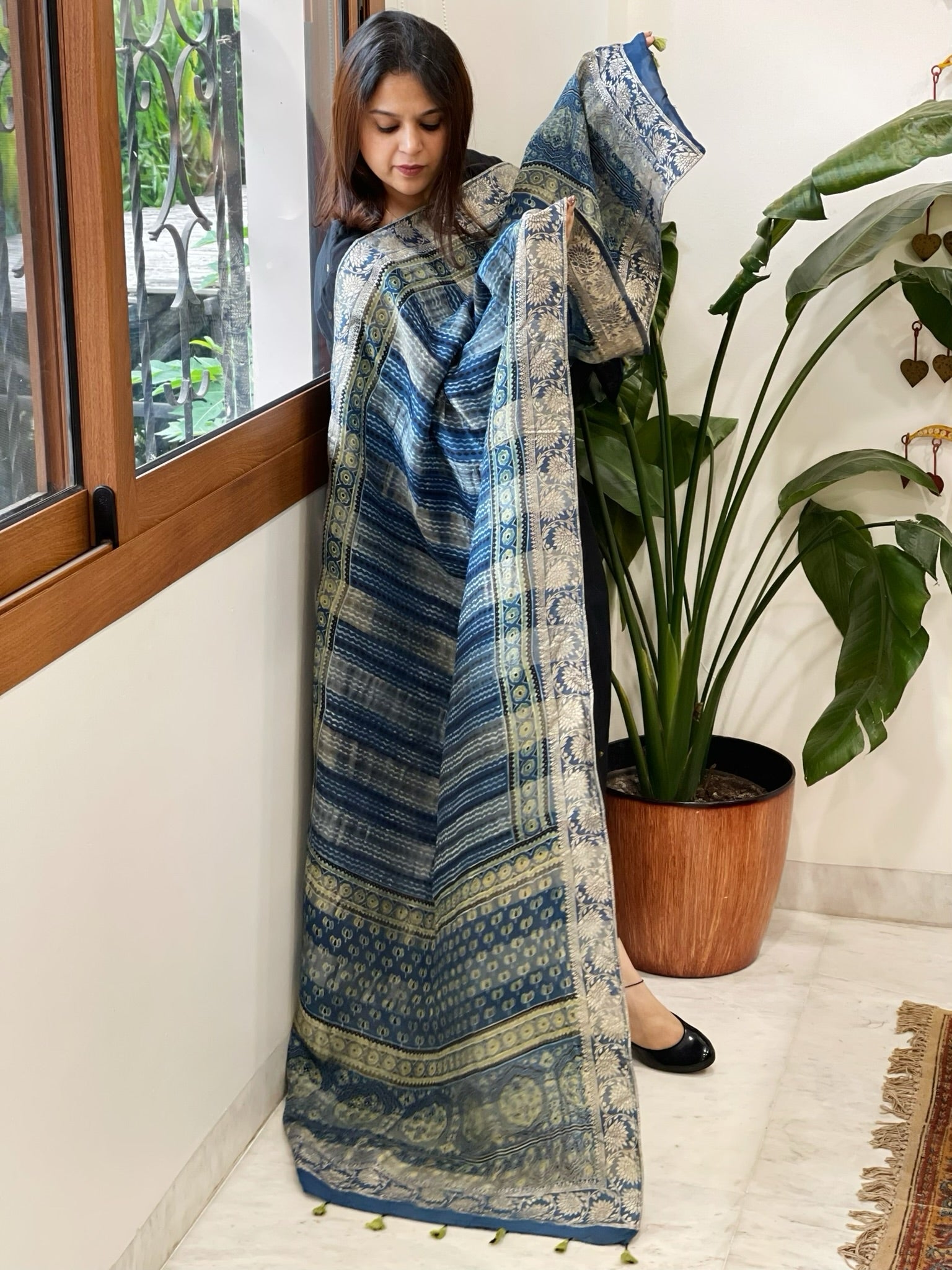 Ajrakh Handblock Printed Organza Crepe Dupatta with Banarasi Border - Masakalee
