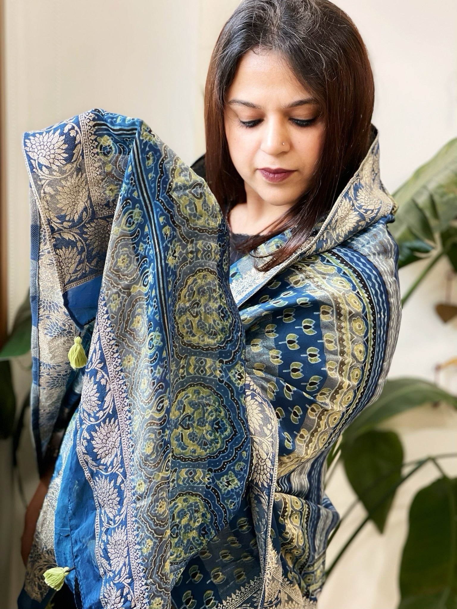 Ajrakh Handblock Printed Organza Crepe Dupatta with Banarasi Border - Masakalee