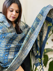 Ajrakh Handblock Printed Organza Crepe Dupatta with Banarasi Border - Masakalee