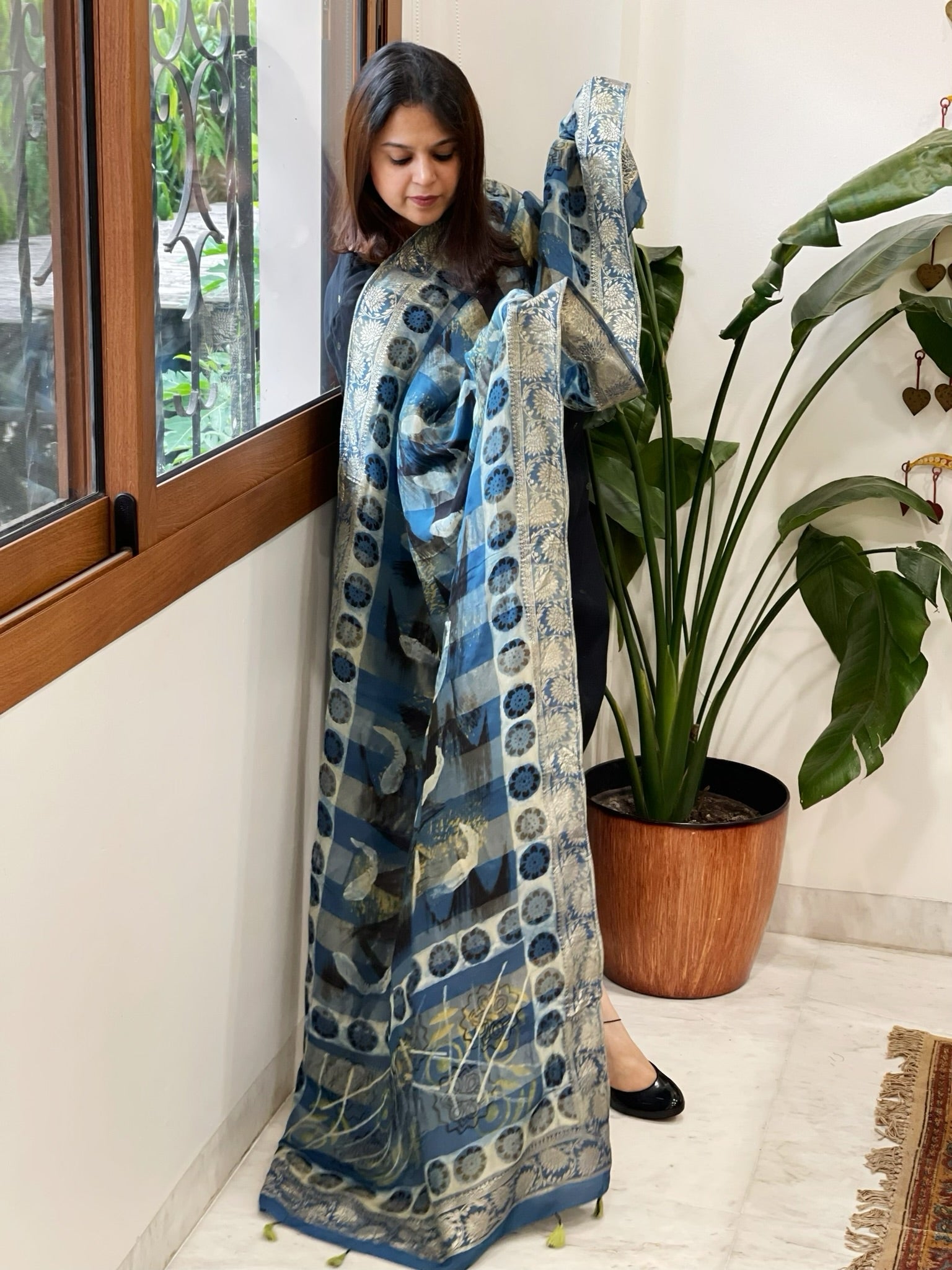 Ajrakh Handblock Printed Organza Crepe Dupatta with Banarasi Border - Masakalee