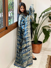 Ajrakh Handblock Printed Organza Crepe Dupatta with Banarasi Border - Masakalee