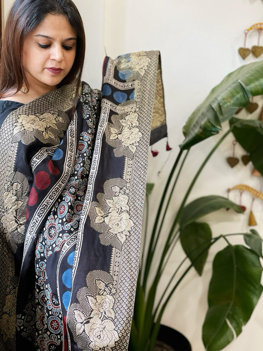 Ajrakh Handblock Printed Organza Crepe Dupatta with Banarasi Border - Masakalee