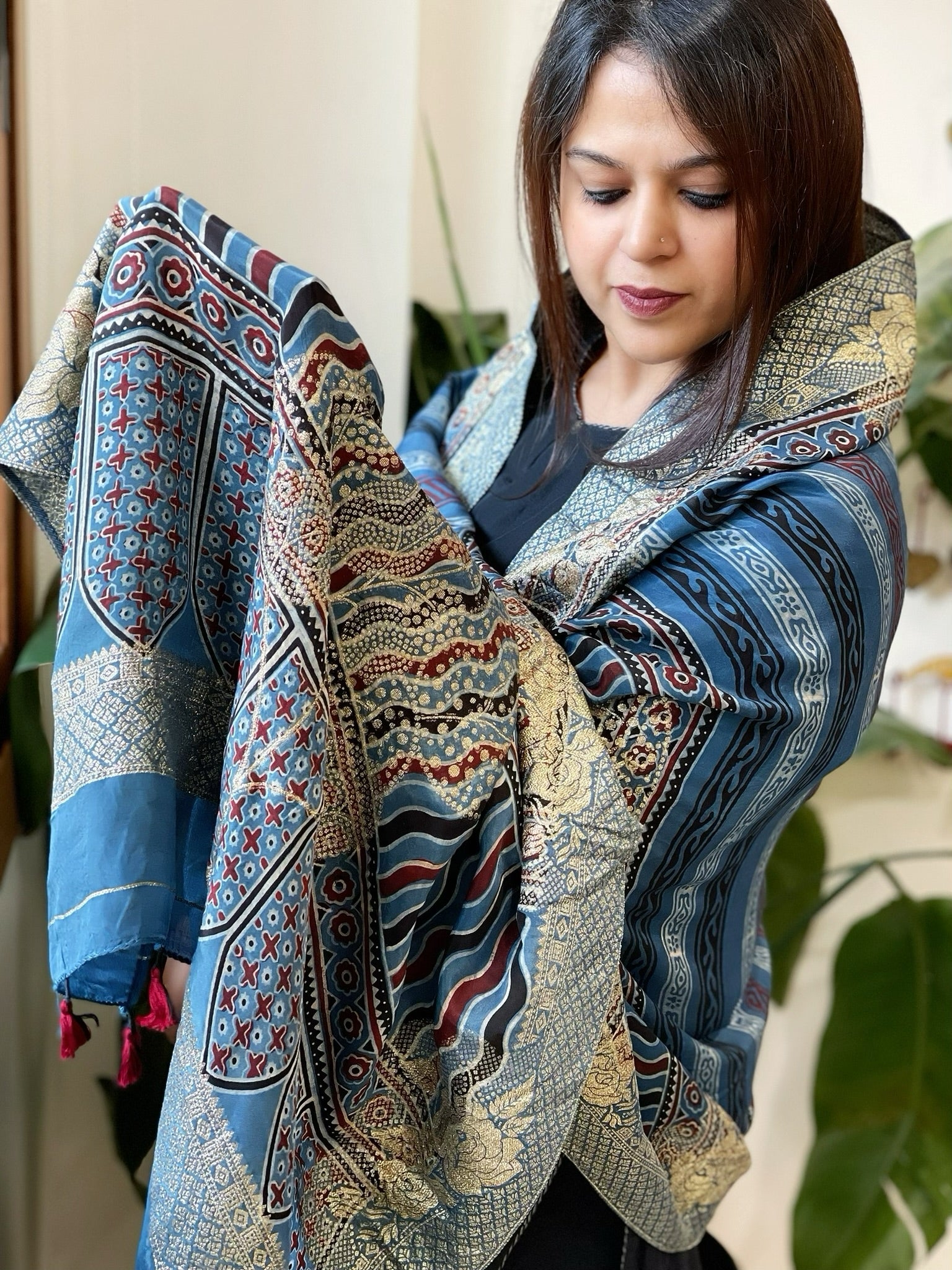 Ajrakh Handblock Printed Organza Crepe Dupatta with Banarasi Border - Masakalee