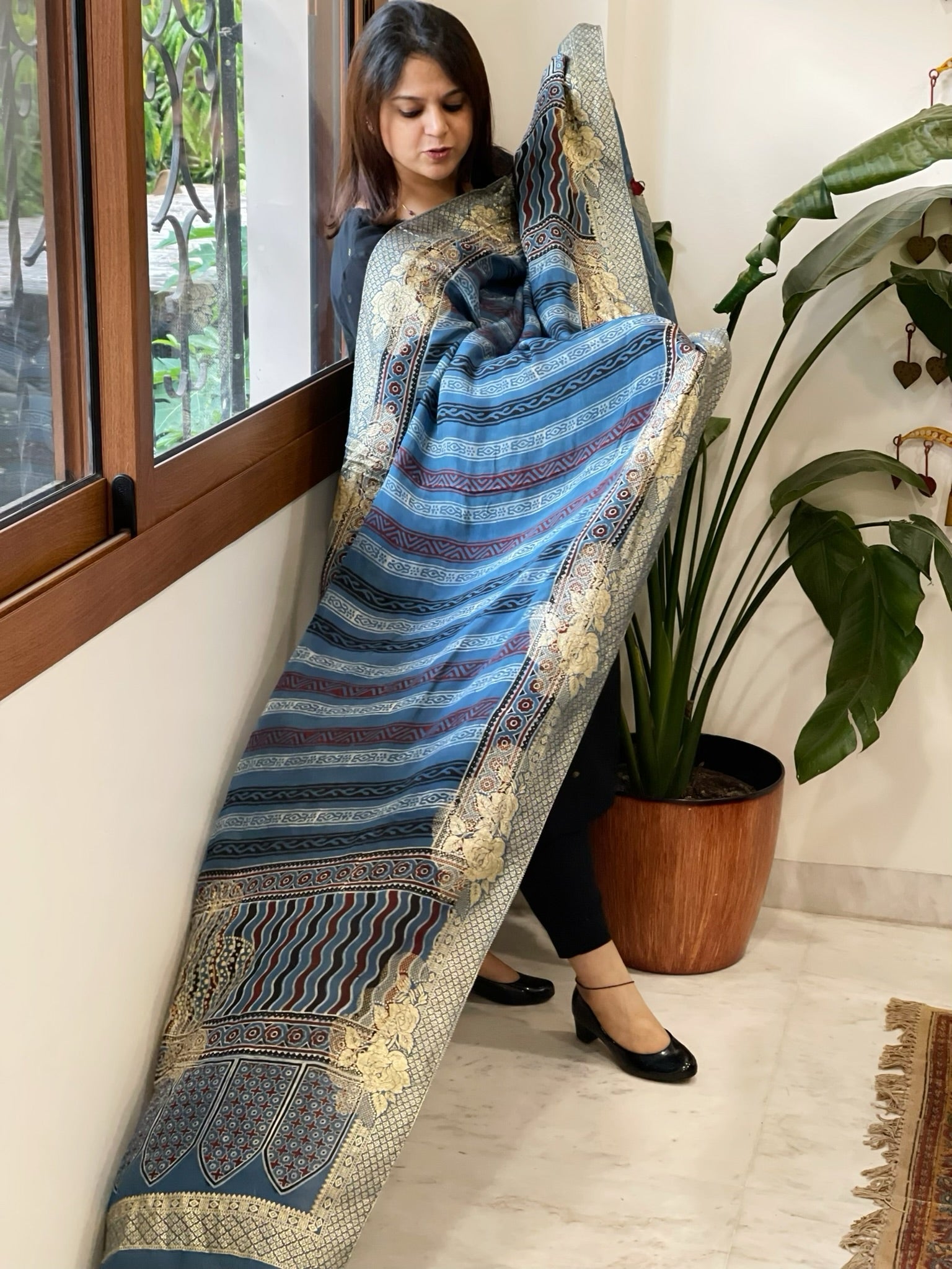 Ajrakh Handblock Printed Organza Crepe Dupatta with Banarasi Border - Masakalee