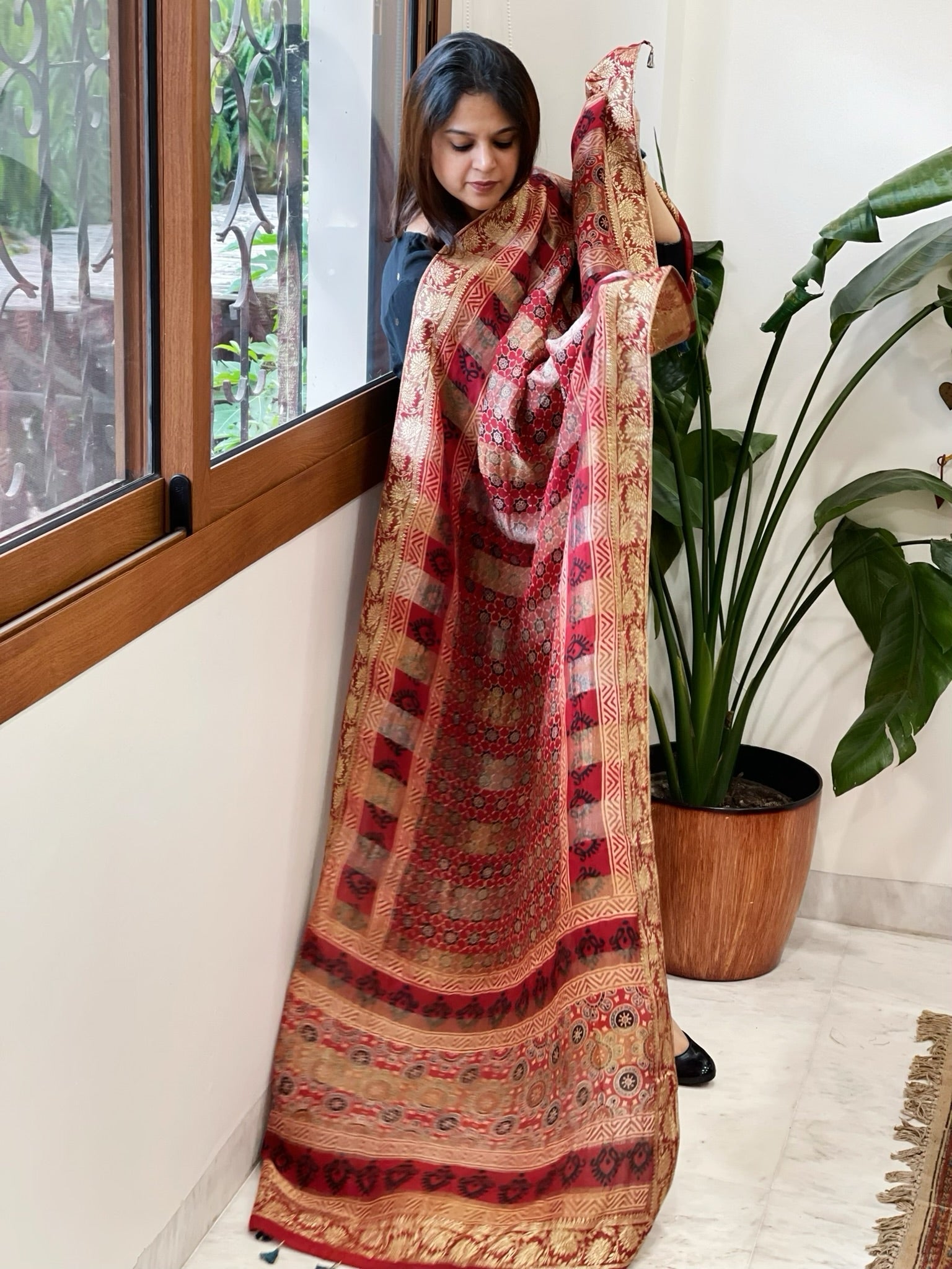 Ajrakh Handblock Printed Organza Crepe Dupatta with Banarasi Border - Masakalee