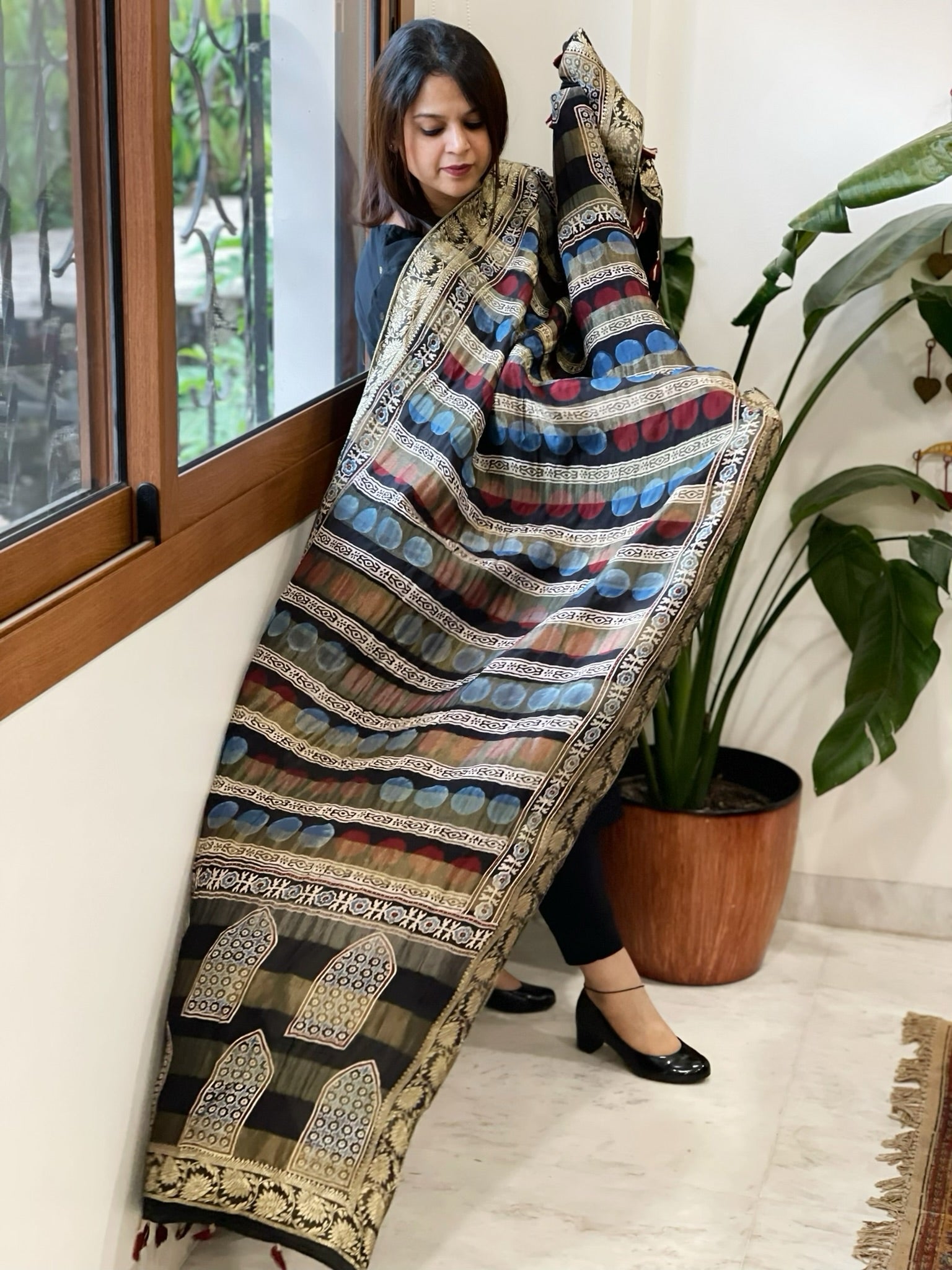 Ajrakh Handblock Printed Organza Crepe Dupatta with Banarasi Border - Masakalee