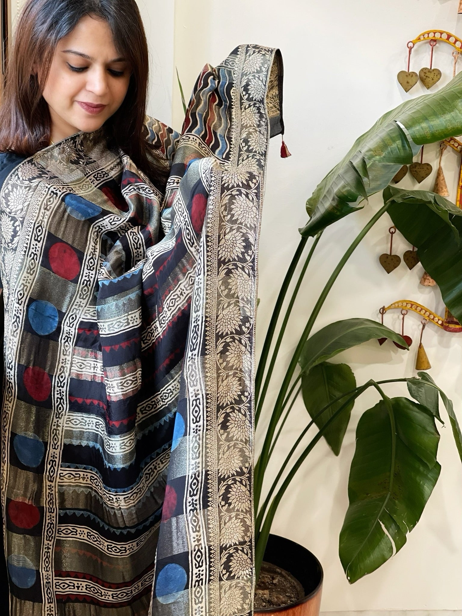 Ajrakh Handblock Printed Organza Crepe Dupatta with Banarasi Border - Masakalee