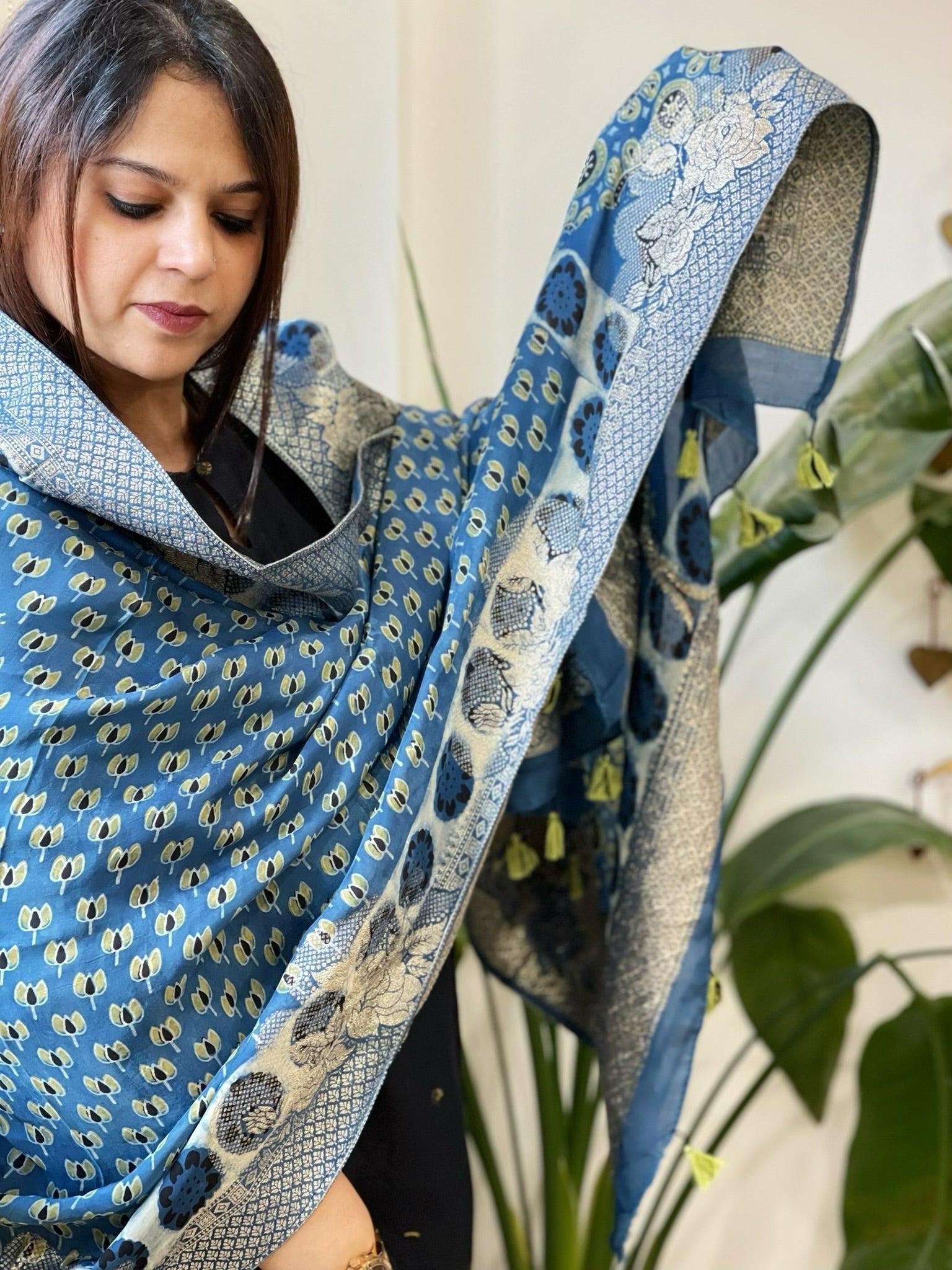 Ajrakh Handblock Printed Organza Crepe Dupatta with Banarasi Border - Masakalee