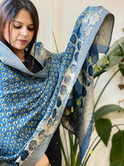 Ajrakh Handblock Printed Organza Crepe Dupatta with Banarasi Border - Masakalee