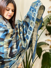 Ajrakh Handblock Printed Organza Crepe Dupatta with Banarasi Border - Masakalee