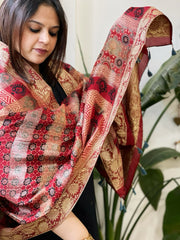 Ajrakh Handblock Printed Organza Crepe Dupatta with Banarasi Border - Masakalee