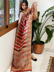 Ajrakh Handblock Printed Organza Crepe Dupatta with Banarasi Border - Masakalee