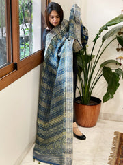 Ajrakh Handblock Printed Organza Crepe Dupatta with Banarasi Border - Masakalee