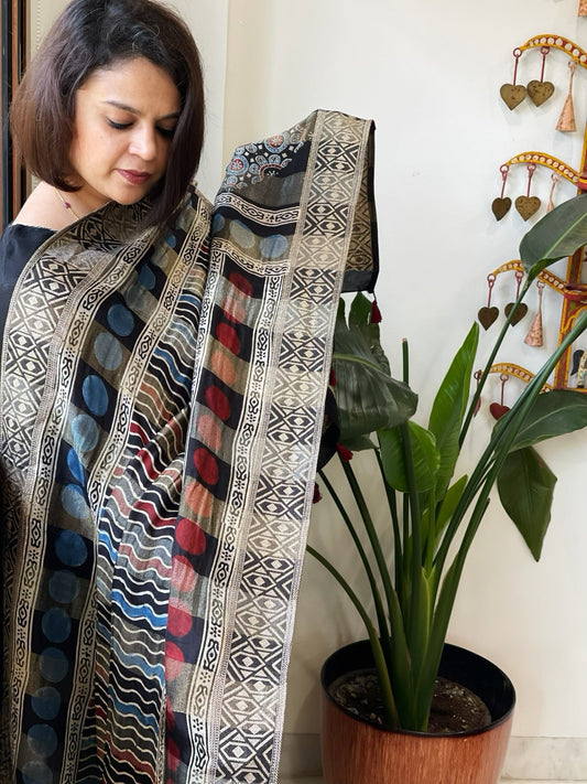 Ajrakh Handblock Printed Organza Crepe Dupatta with Banarasi Border - Masakalee
