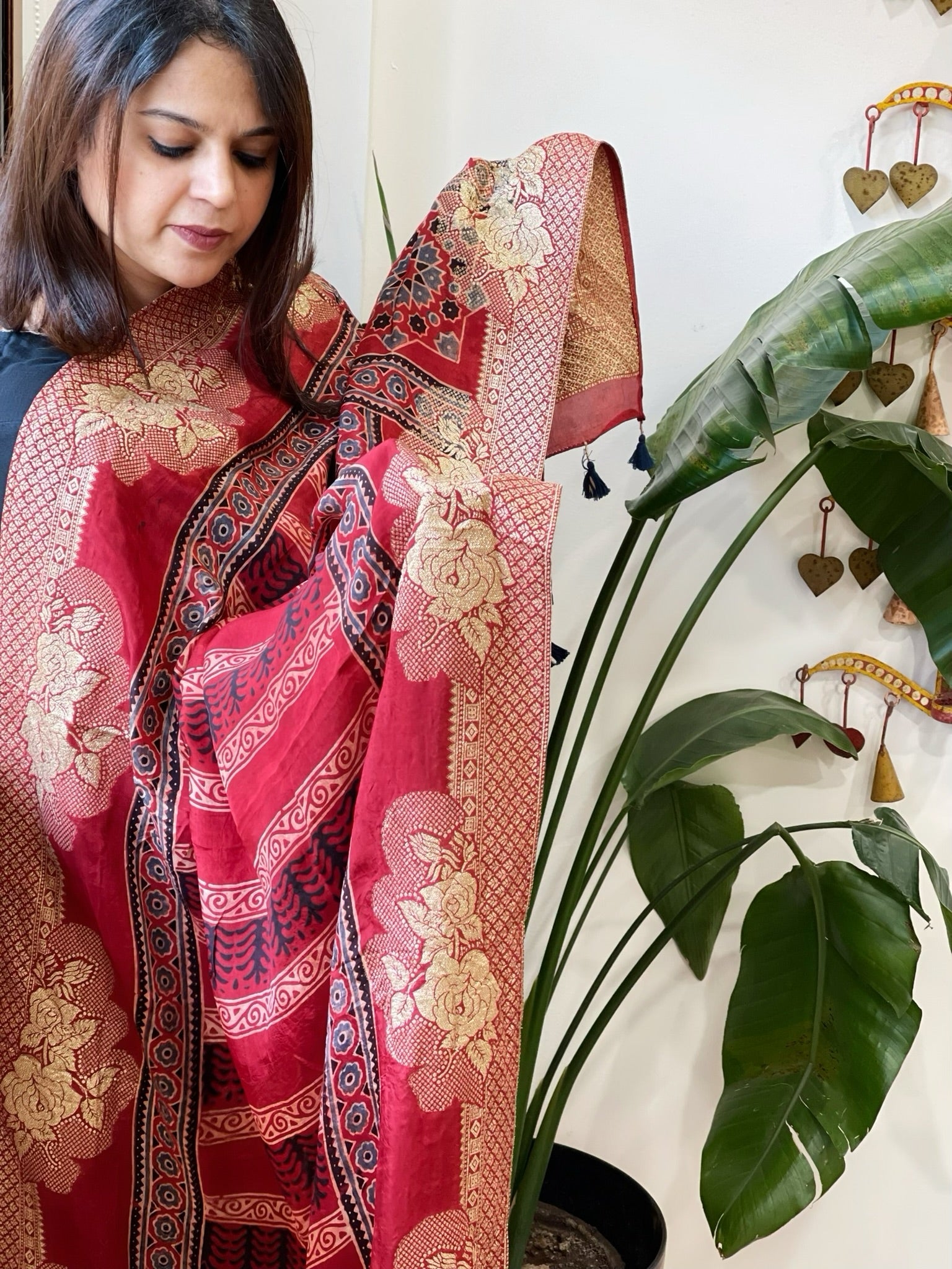 Ajrakh Handblock Printed Organza Crepe Dupatta with Banarasi Border - Masakalee