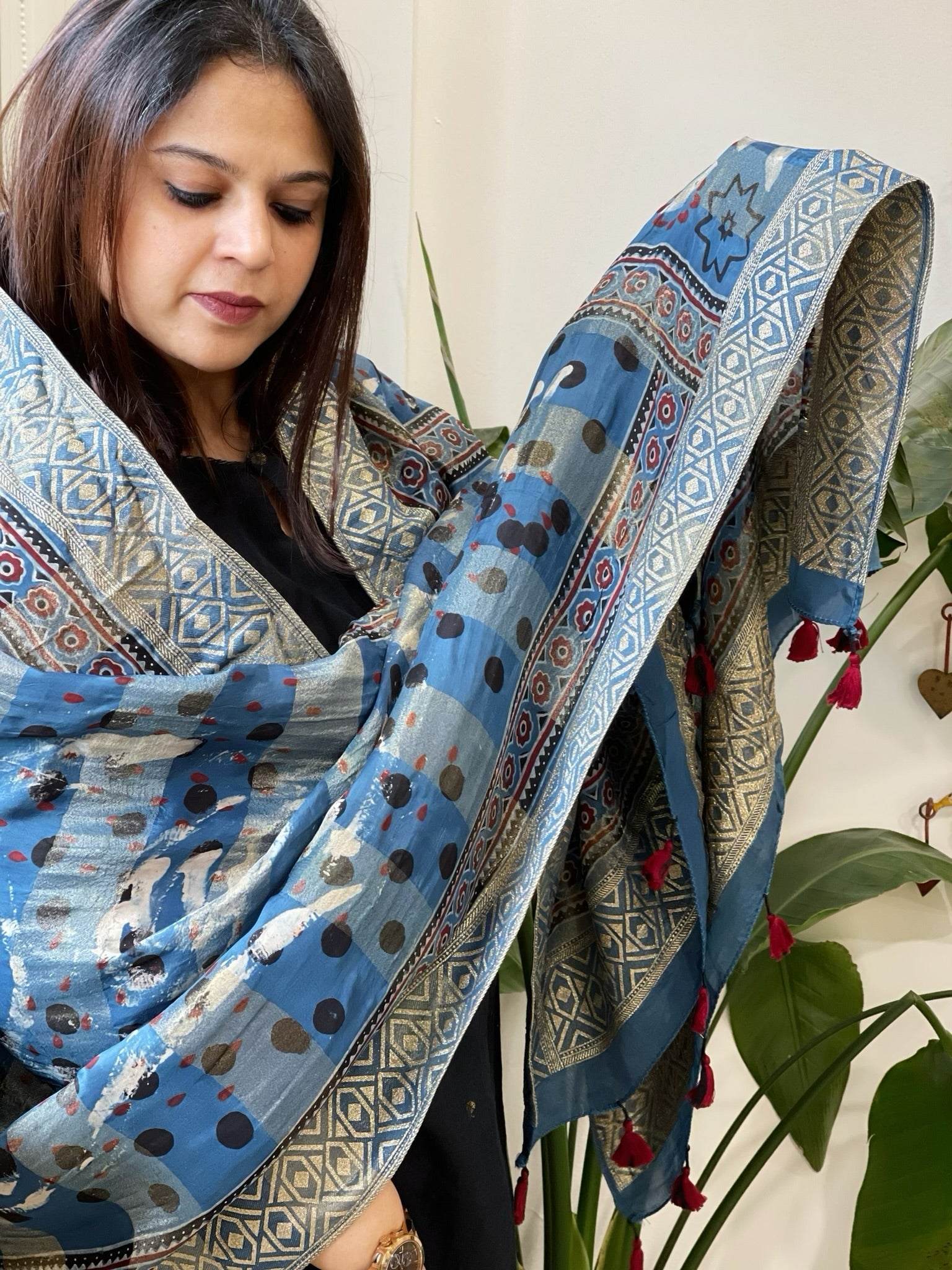 Ajrakh Handblock Printed Organza Crepe Dupatta with Banarasi Border - Masakalee