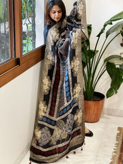 Ajrakh Handblock Printed Organza Crepe Dupatta with Banarasi Border - Masakalee