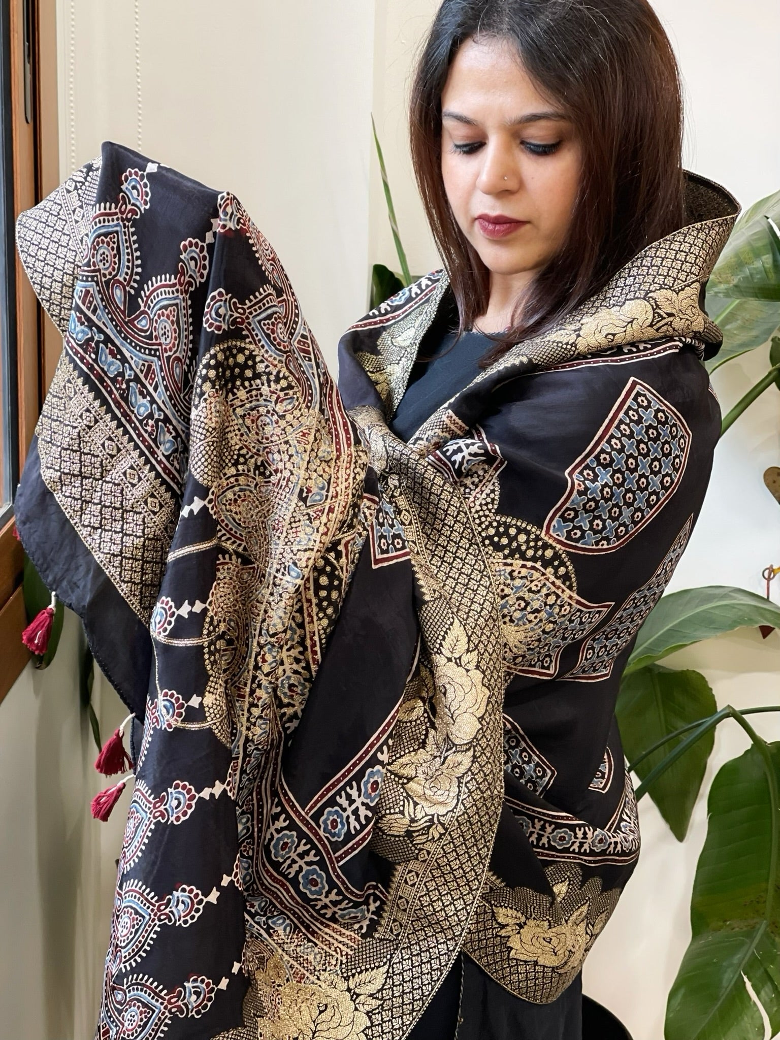 Ajrakh Handblock Printed Organza Crepe Dupatta with Banarasi Border - Masakalee