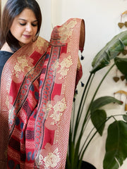 Ajrakh Handblock Printed Organza Crepe Dupatta with Banarasi Border - Masakalee