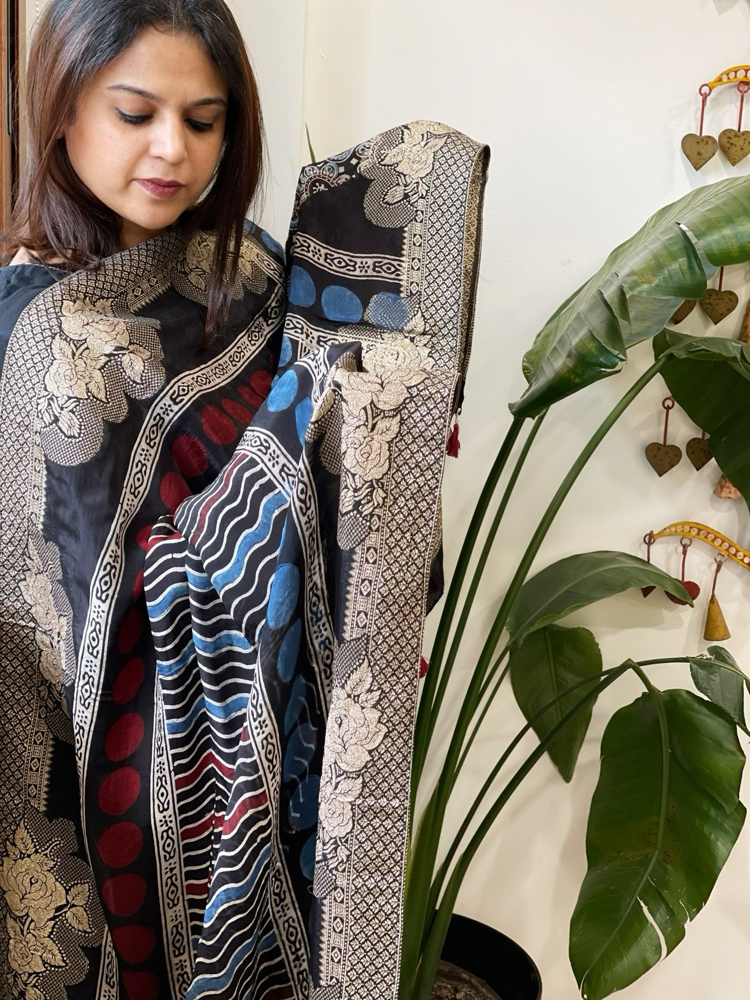 Ajrakh Handblock Printed Organza Crepe Dupatta with Banarasi Border - Masakalee